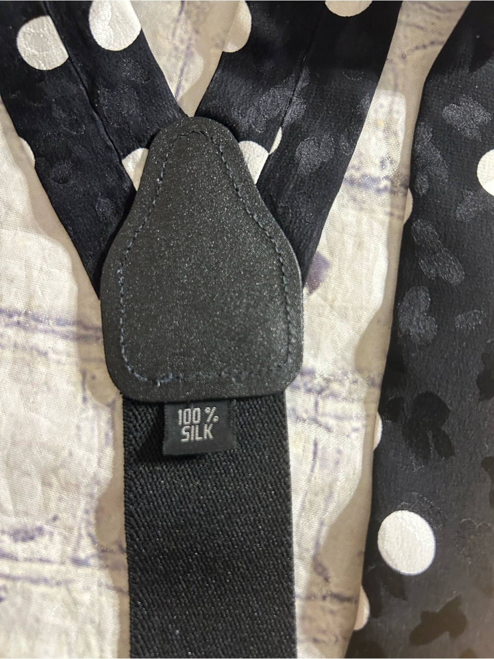 100% SILK BLACK AND WHITE POLKA DOTS SUSPENDERS GOLD TONE HARDWARE ADJUSTABLE - Picture 3 of 7
